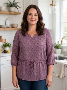 Faded Glory Mauve Floral Drawstring Peasant Top